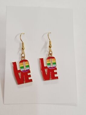 LOVE Rainbow Enamel Drop Earrings - Gold Tone